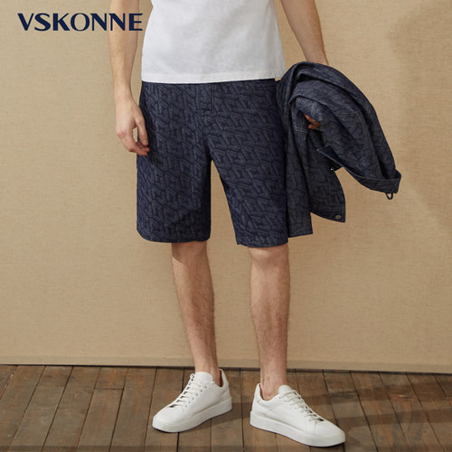 VSKONNE休闲运动印花牛仔蓝短裤