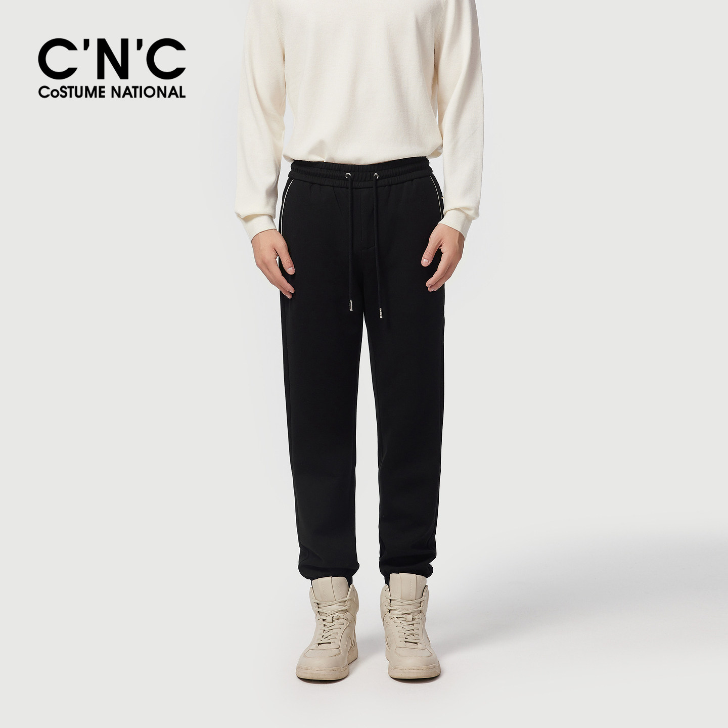 CNC男装25秋新款黑色羊毛裤休闲长裤男黑色抽绳束脚厚款保暖卫裤