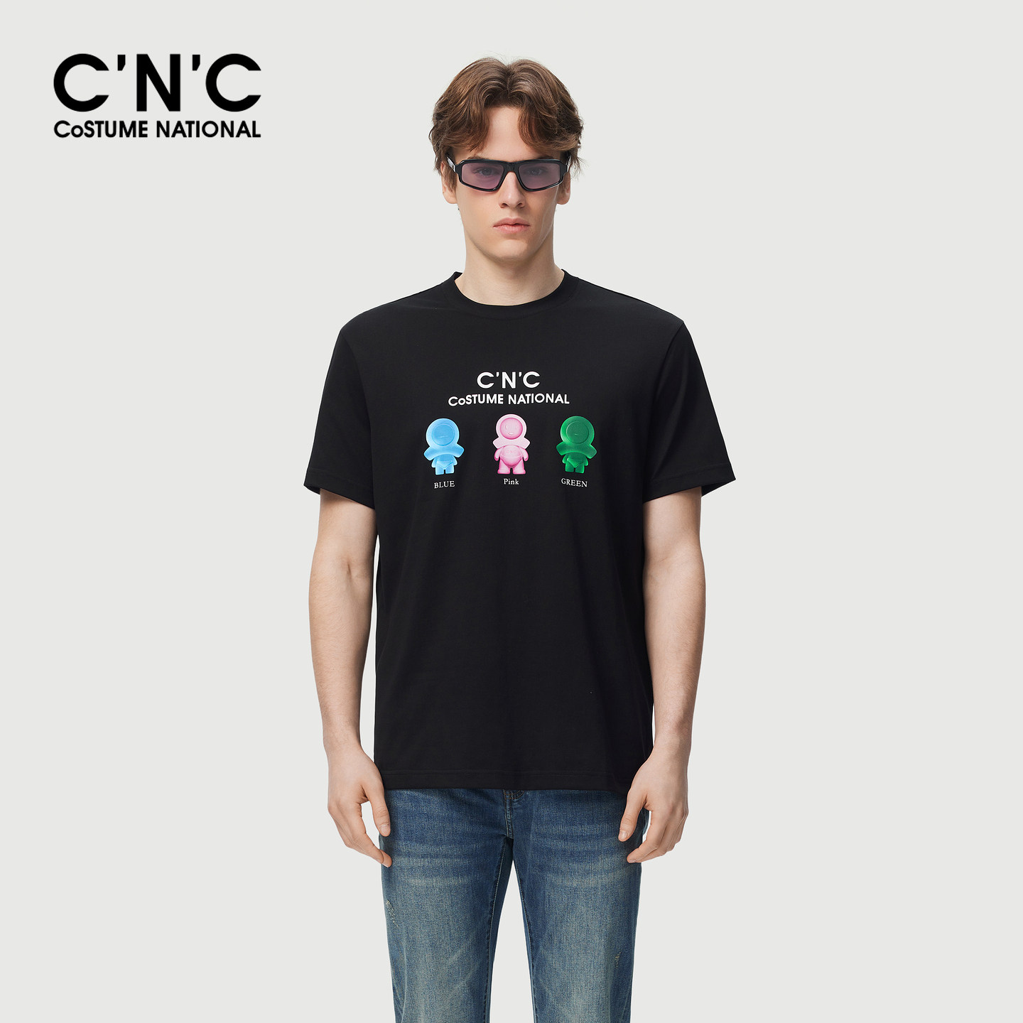 CNC男装春夏新款卡通公仔印花男士短袖T恤圆领黑色时尚休闲短T