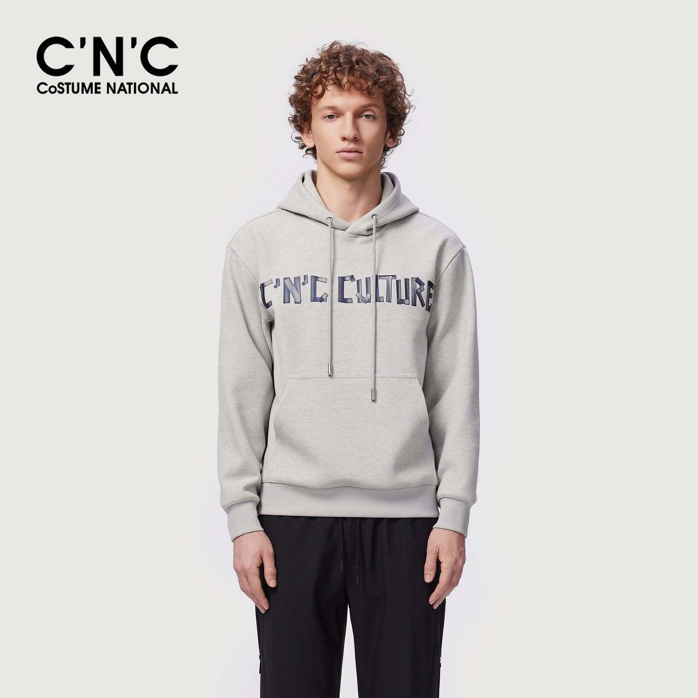 CNC男装秋冬新款羊毛轻奢长袖连帽卫衣不规则字母logo图案打底衫