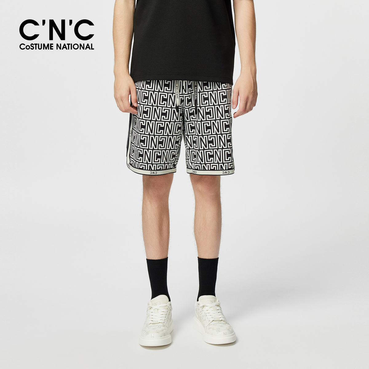 CNC男装25夏季新款logo满版印花男五分休闲短裤抽绳宽松舒适中裤