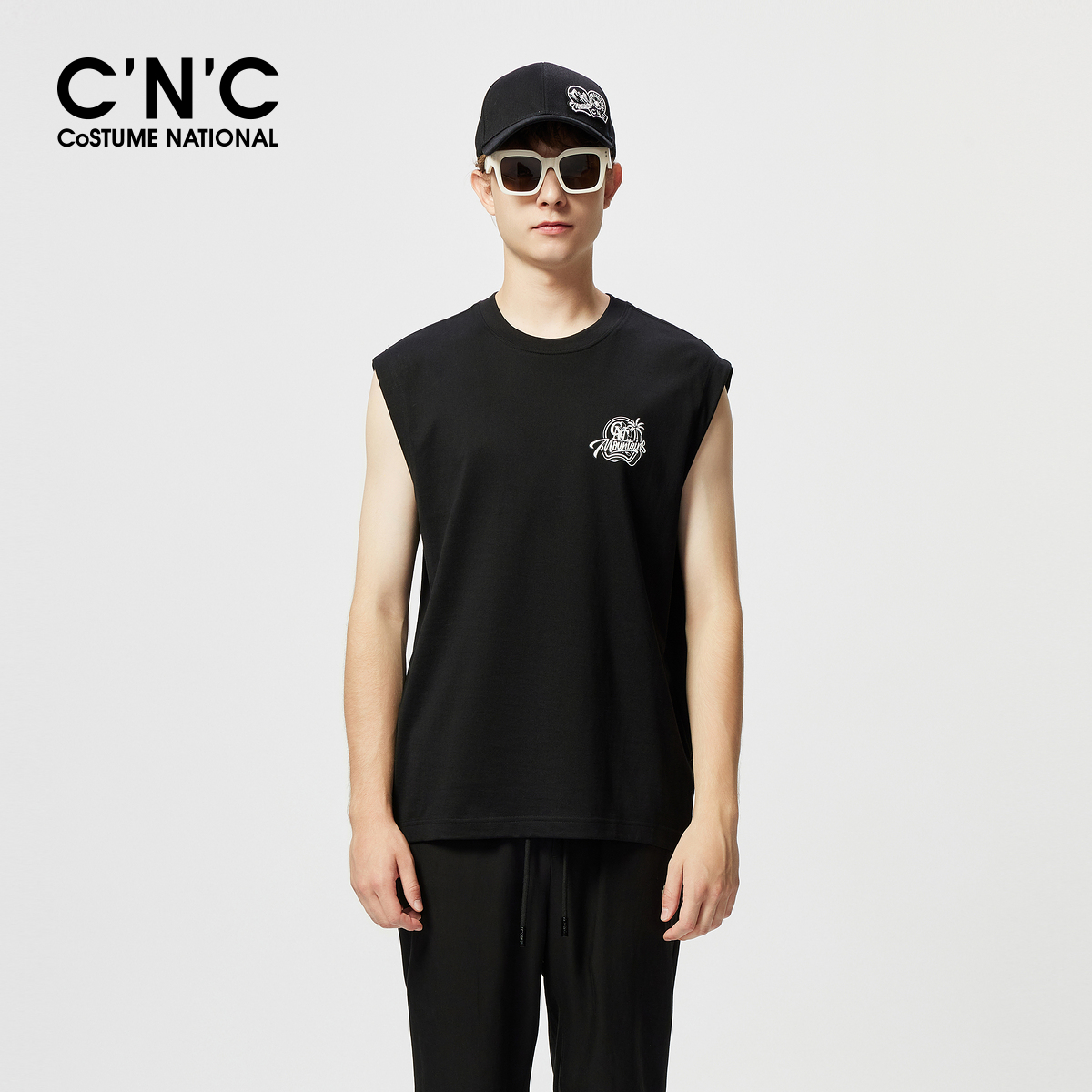 CNC男装25夏季清凉舒适logo印花男纯棉运动休闲背心合身无袖短袖