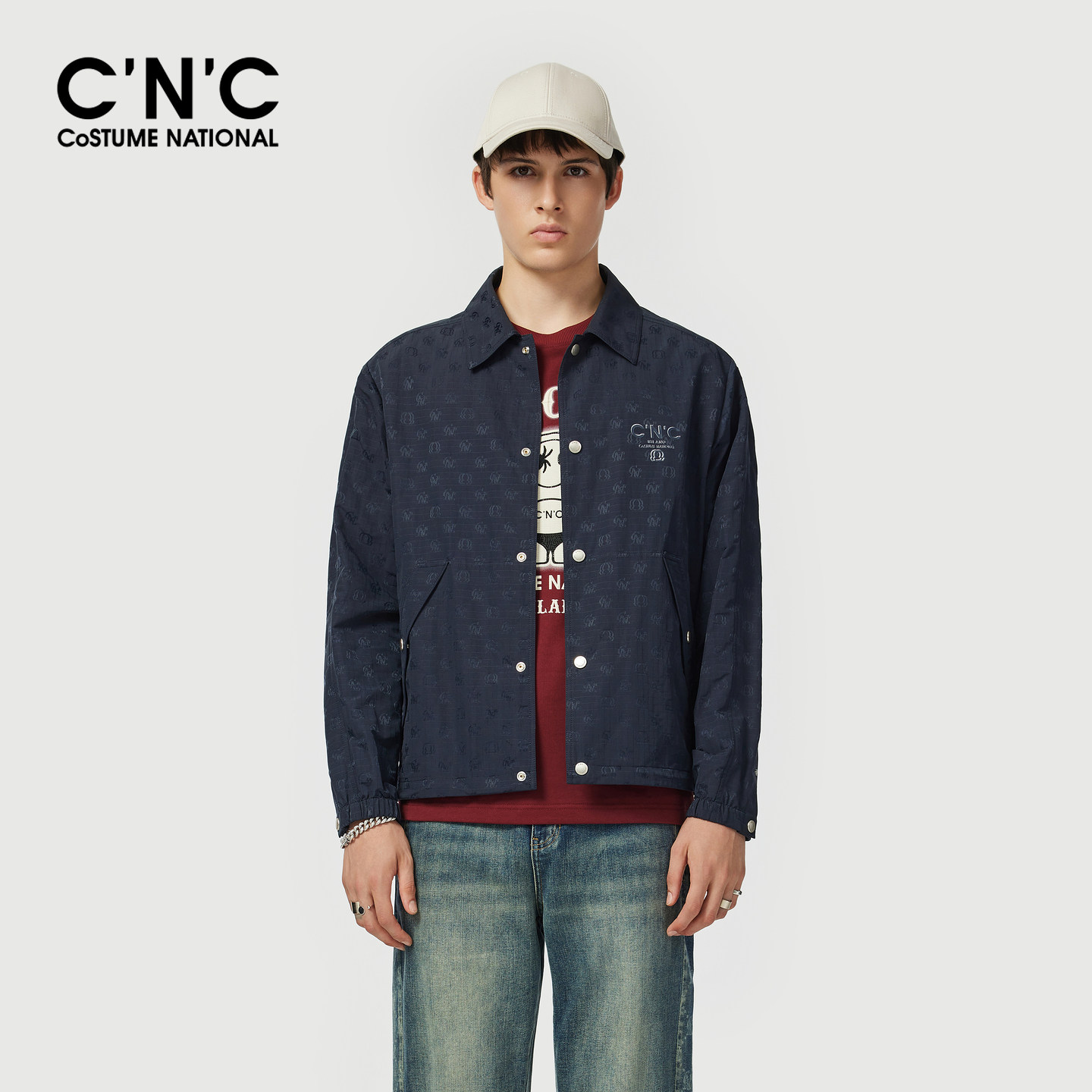 CNC男装26早春新款老花衬衫式休闲夹克潮藏青色透气薄外套