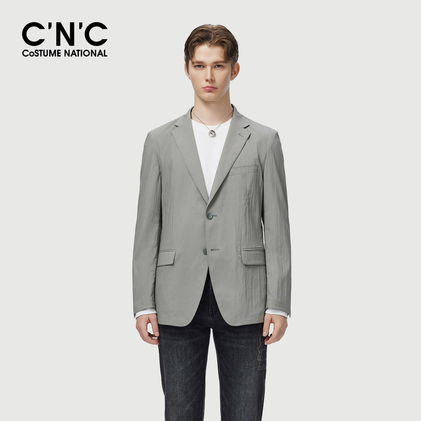 CNC男装26夏季新款肌理感男士浅灰色西装外套薄款通勤上班单西服