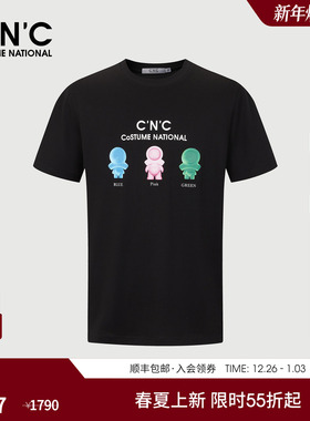 CNC男装25春夏新款卡通公仔印花男士短袖T恤圆领黑色时尚休闲短T