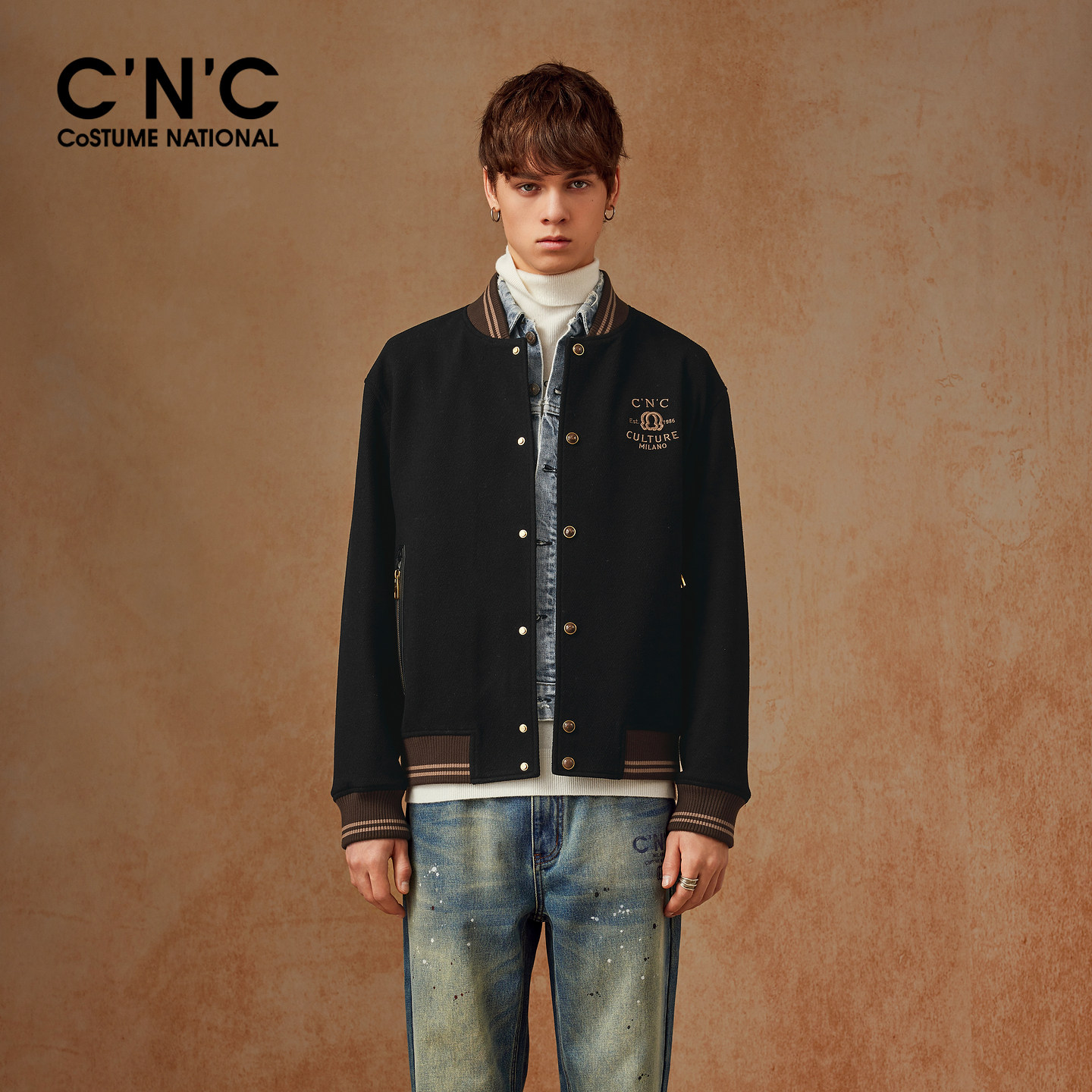 CNC男装26冬季新款男士棒球领棉服LOGO刺绣黑色保暖夹棉夹克外套