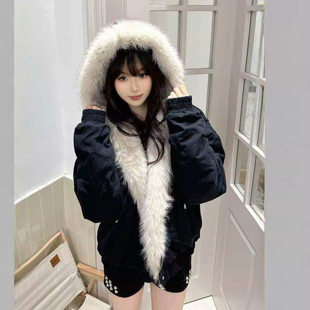 座山雕毛领连帽棉服男女冬季新款情侣设计感cleanfit短款派克棉服