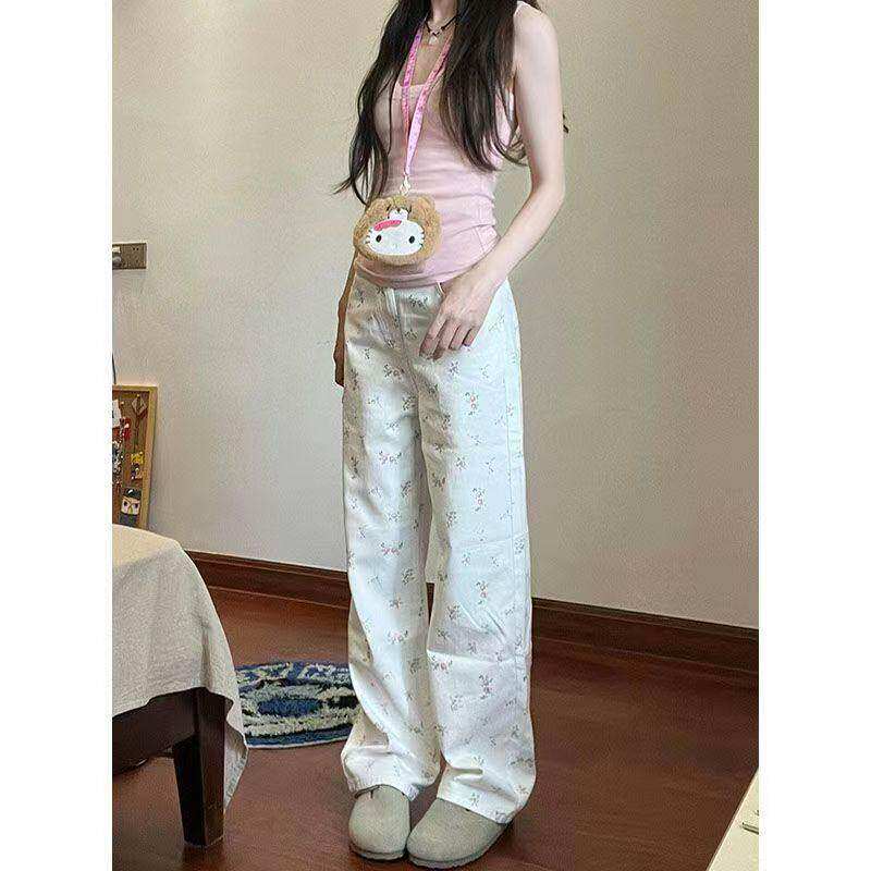 碎花今年流行的牛仔裤款式女夏天薄款高腰休闲小个子白色阔腿长裤