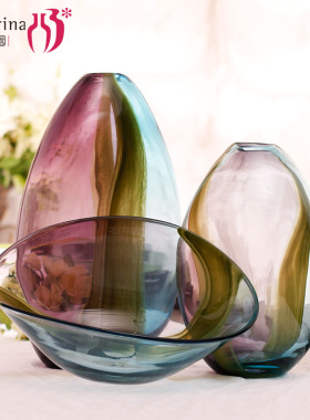 百花园宽口玻璃花瓶居家办公样板间装饰 干花插花器 工艺品摆件