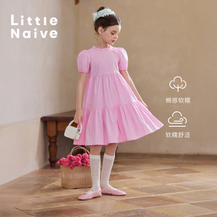 Little Naive女童碎花连衣裙夏季新款纯棉泡泡袖纯棉裙子儿童长裙