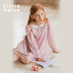 Naive儿童娃娃领连衣裙春秋珍珠领粉色裙子女童网纱公主裙 Little