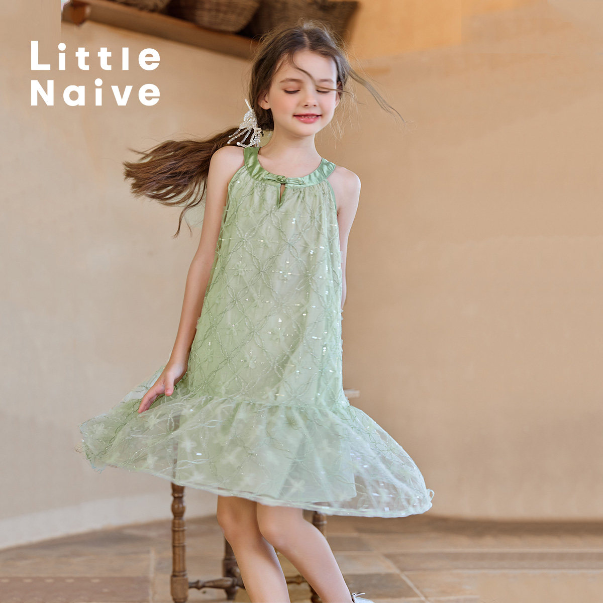Little Naive儿童连衣裙夏季新款挂脖旗袍领纱裙女童新中式公主裙