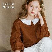 Little 加绒t恤儿童内搭衬衣 复古长袖 Naive春秋女童翻领衬衫 法式