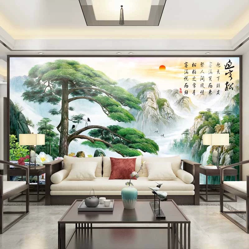 迎客松碳晶板竹木纤维集成墙板电定制背景墙