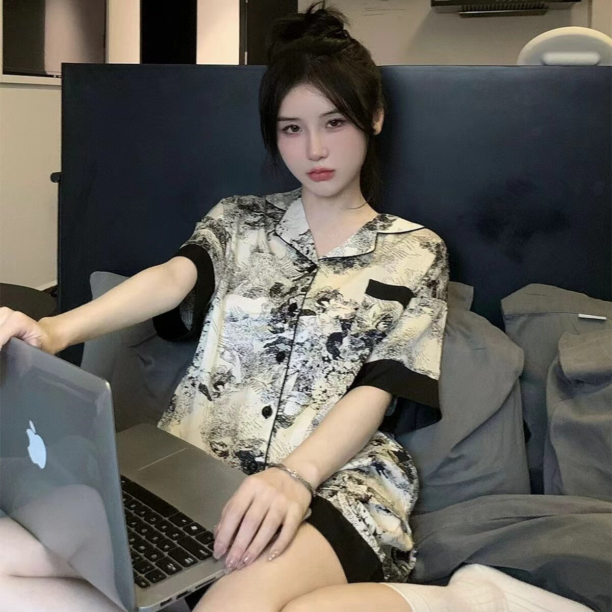 水墨画睡衣女夏季短袖纯棉家居服