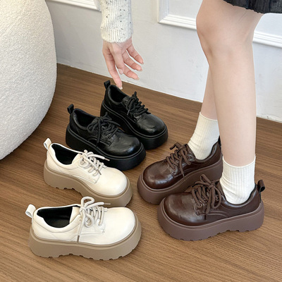 复古厚底增高小皮鞋女2025夏秋新款圆头系带英伦风小个子乐福单鞋