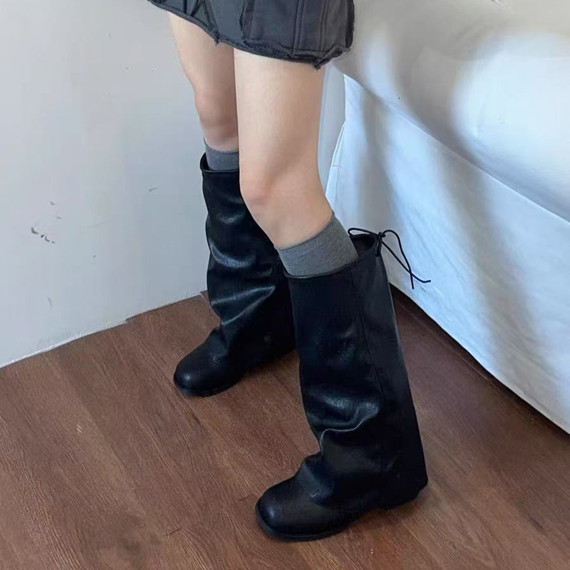 花恋曲复古堆堆长筒靴粗跟显瘦