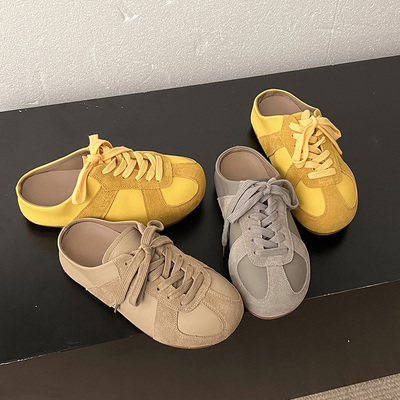 勃肯鞋女2025新款夏复古厚底包头半拖鞋外穿内增高黄色德训鞋百搭