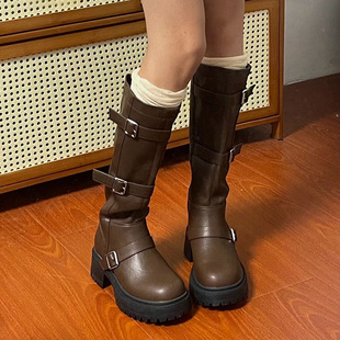 高筒靴子夏款 厚底粗跟骑士靴冬季 复古美拉德不过膝长靴女2025新款