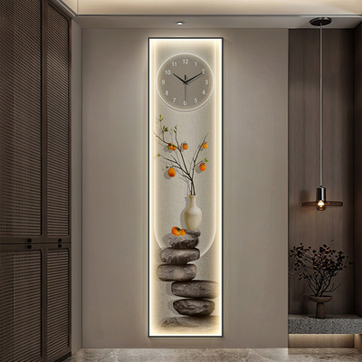现代轻奢玄关装饰画带灯艺术时钟画新中式走廊楼梯转角背景墙挂画