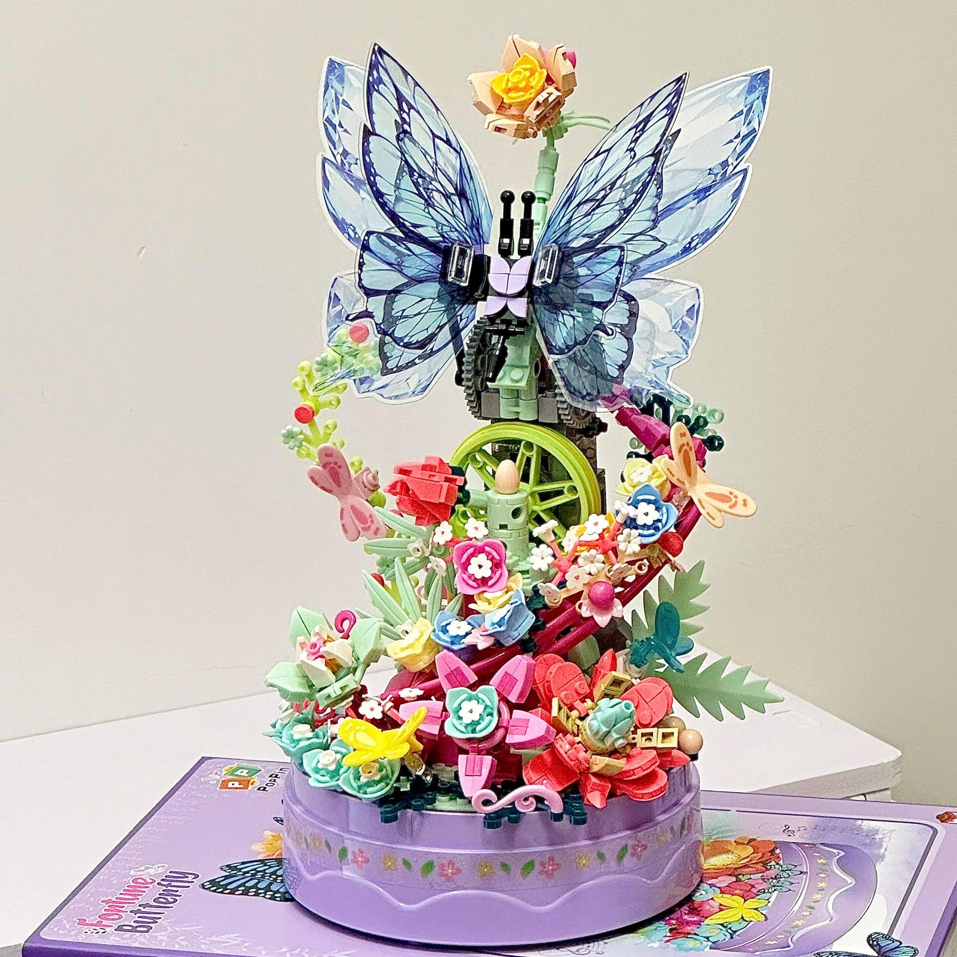 新款积木花梦幻蝴蝶音乐八音盒益智拼装玩具2025新春创意礼物女生