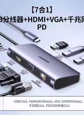 CM256绿联Type-C扩展坞USB-C转HDMI/VGA转换器USB 7合1千兆60557