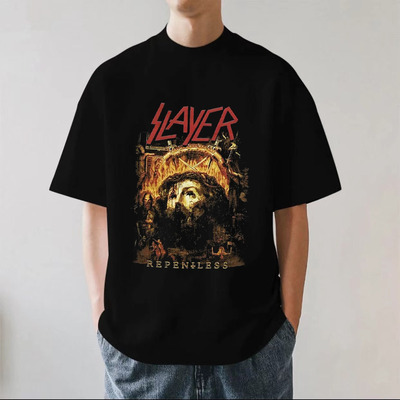 Slayer激流金属乐队周边美式复古高街重磅280g纯棉男短袖T恤宽松