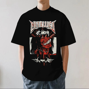 Metallica金属乐队欧美小众街头摇滚落肩夏季重磅纯棉短袖T恤宽松