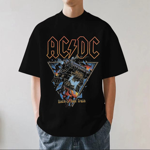 AC/DC乐队重金属摇滚欧美潮流复古重磅280g纯棉男女短袖T恤宽松