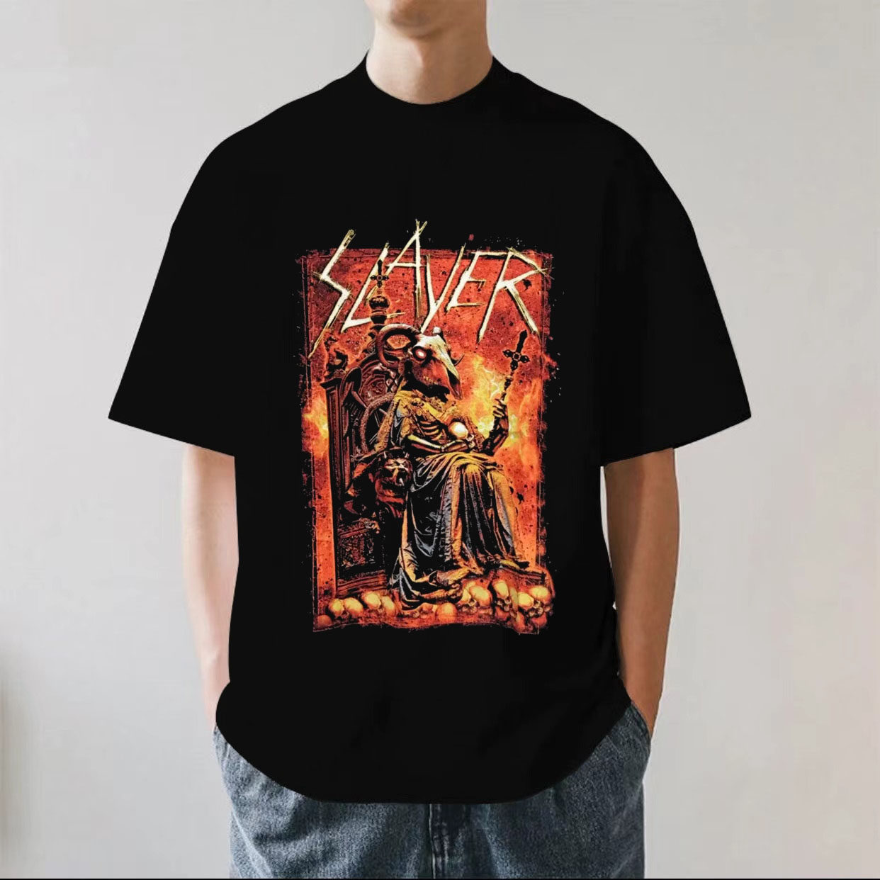 SLAYER杀手乐队山羊恶魔骷髅头摇滚金属重磅280g纯棉短袖T恤宽松