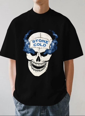 Stone Cold美式WWE冷石摔跤骷髅头复古重磅280g纯棉男短袖T恤宽松