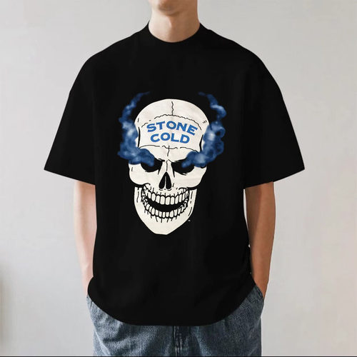 Stone Cold美式WWE冷石摔跤骷髅头复古重磅280g纯棉男短袖T恤宽松