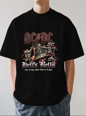 ACDC乐队金属硬摇滚欧美复古vintage高街重磅280g纯棉短袖T恤宽松