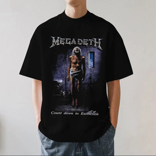 Megadeth乐队摇滚重金属美式复古280g重磅纯棉男短袖落肩T恤宽松