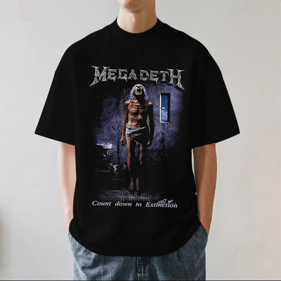 Megadeth乐队摇滚重金属美式复古280g重磅纯棉男短袖落肩T恤宽松