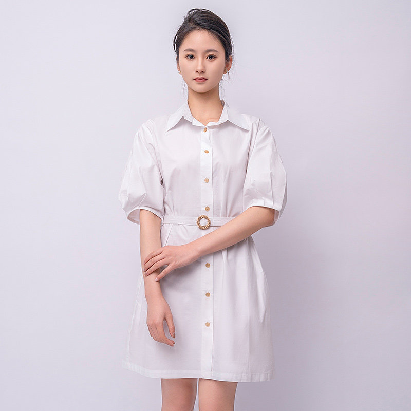 2025夏款Polo领纯色衬衫连衣裙宽松中长款衬衣裙配腰带女
