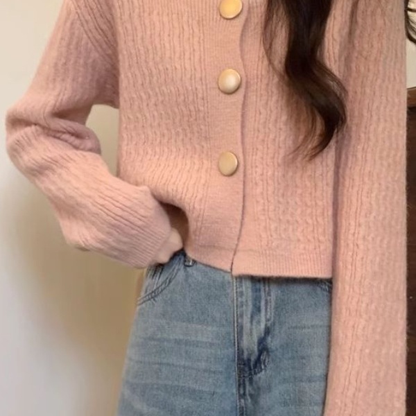 别致方领宽松短款毛衣开衫外套女春秋2025新款小个子针织上衣