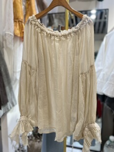 轻奢欧货原创设计宽松百搭圆领长袖 套 刺绣减龄宽松苎麻麻料松紧袖