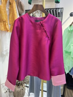 Rx轻奢欧货原创设计宽松百搭圆领长袖 女上衣 拼色真丝衬衫