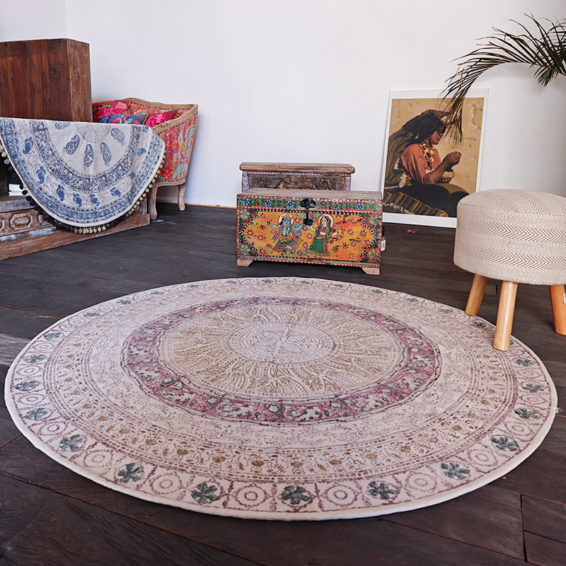 印度进口手工编织圆形地毯棉质复古法式轻奢高级客厅卧室圆形地垫