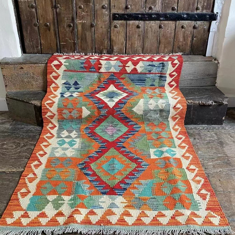进口手工编织羊毛地毯kilim复古几何波西米亚ins北欧现代装饰地垫