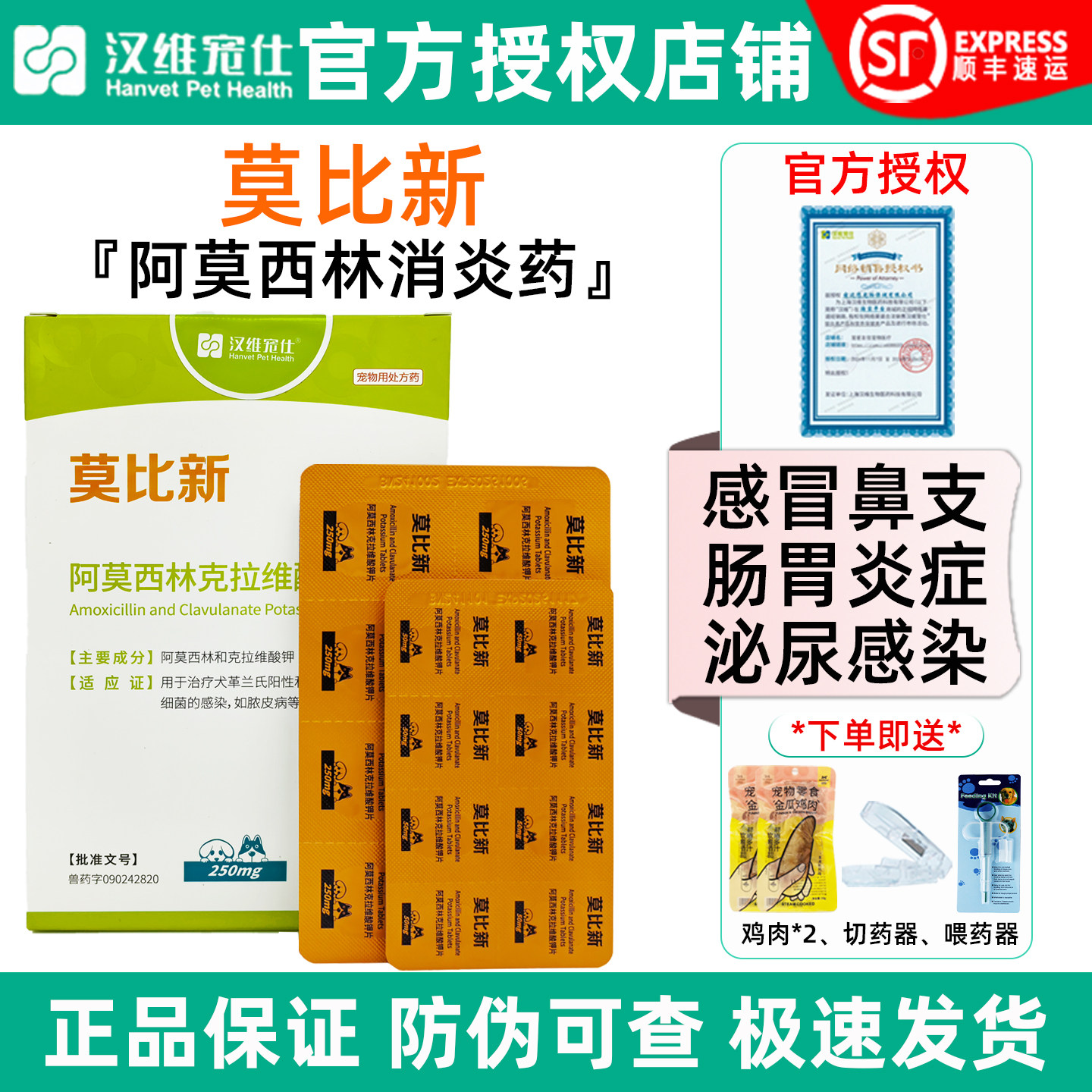 汉维宠仕莫比新阿莫西林克拉维酸钾宠物狗狗猫感冒鼻支咳嗽消炎药