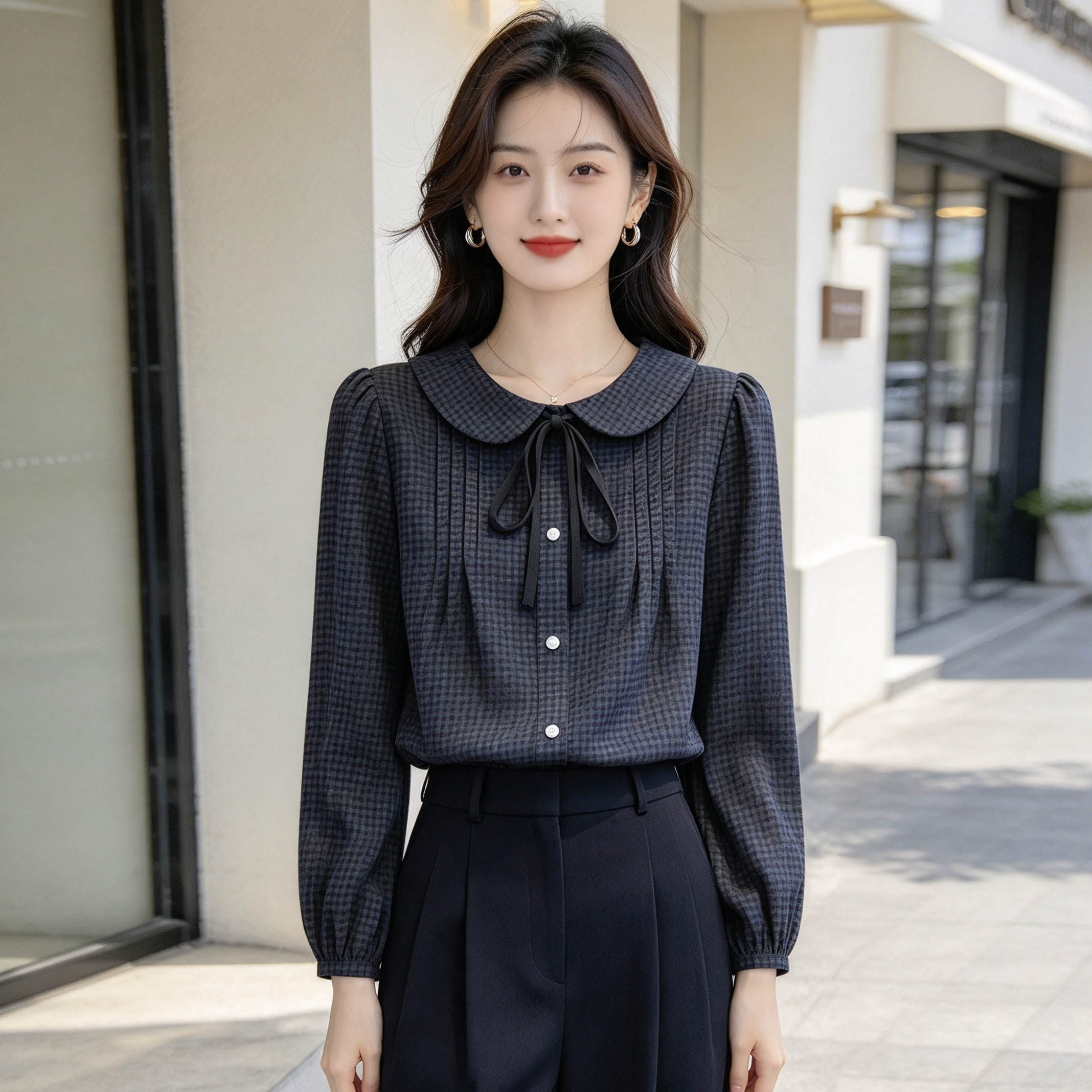 韩版娃娃领格纹系带衬衫女