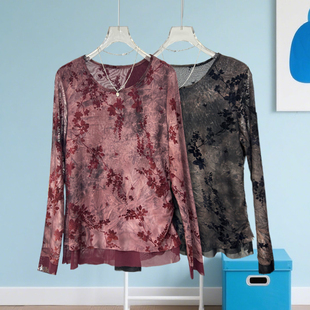 长袖t恤女春款2026新款薄款印花植绒上衣修身显瘦网纱拼接打底衫
