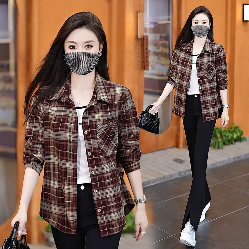 红色格子衬衫外套女春款2026新款中长款宽松洋气休闲女士长袖上衣