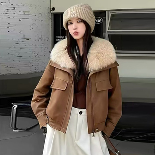 短款大毛领皮衣外套女冬季2025新款加棉加厚保暖宽松小个子皮夹克