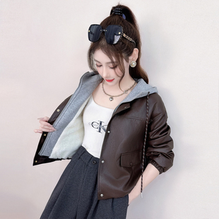 假两件连帽皮衣外套女冬季加绒加厚小个子宽松休闲保暖女士皮夹克