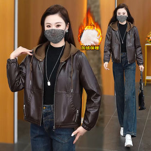 加绒加厚连帽皮衣女短款2025新款冬季宽松休闲显瘦皮夹克保暖外套