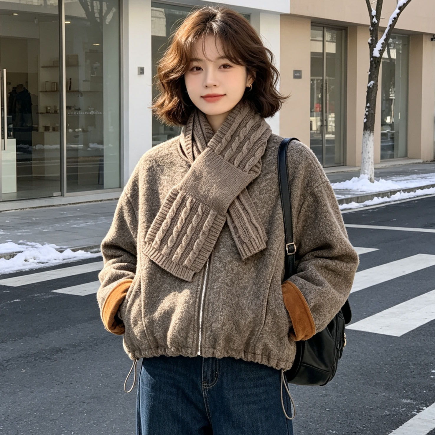韩系夹棉圆领短款棉服女2026冬季