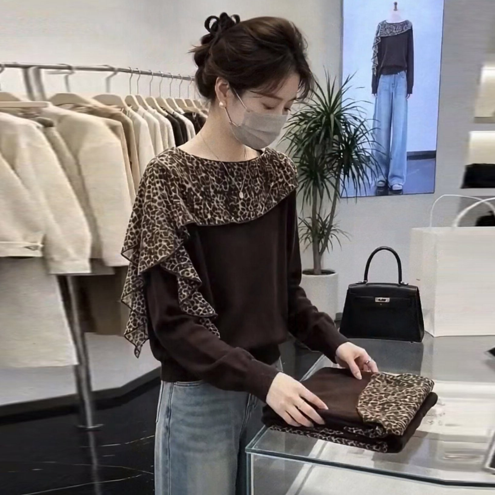 秋季豹纹荷叶边长袖t恤女202